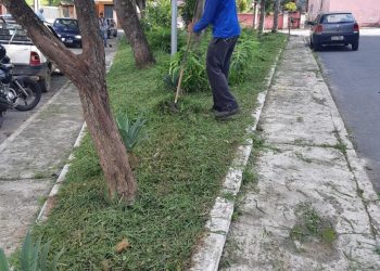 Serviço de capina e limpeza da Praça do Buraquinho, no Tejuco, em São João del Rei MG
