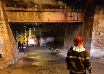 Bombeiros de Barbacena combatem incêndio em dormente de linha férrea
