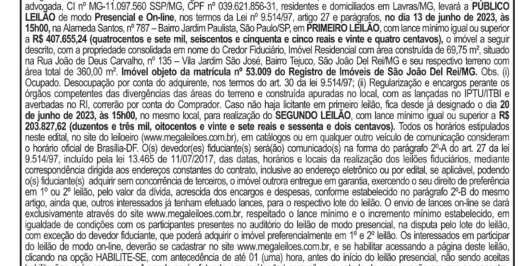 EDITAL DE LEILÃO DE ALIENAÇÃO FIDUCIÁRIA