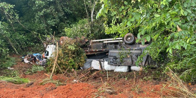 Caminhão carregado de café colide com dois veiculos na BR 265, zona rural de Lavras.